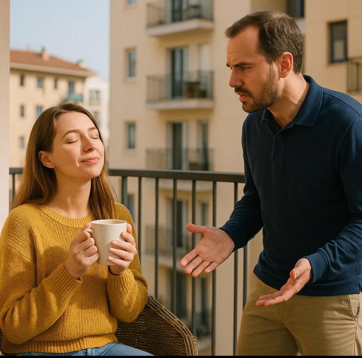 Când convorbirea telefonică s-a încheiat, John a ieșit pe balcon. Acolo, soția lui tânără, Luiza, cu ochii ușor închiși de plăcere, savura un ceai — ca o pisică mulțumită, încălzindu-se la soare.