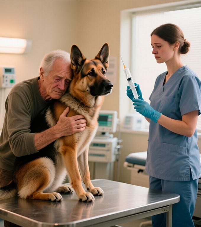 Câinele și-a strâns stăpânul în brațe pentru ultima oară, chiar înainte de a fi adormit, când deodată medicul veterinar a strigat: „Stop!”.
