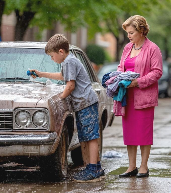 O infirmieră s-a înduioșat de un băiețel care spăla mașini și i-a dat niște haine vechi ale unui decedat