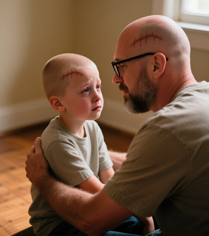 Tată, ai și tu aceeași cicatrice! Un tată și-a sprijinit fiul de opt ani după o operație grea și o cicatrice mare pe cap.