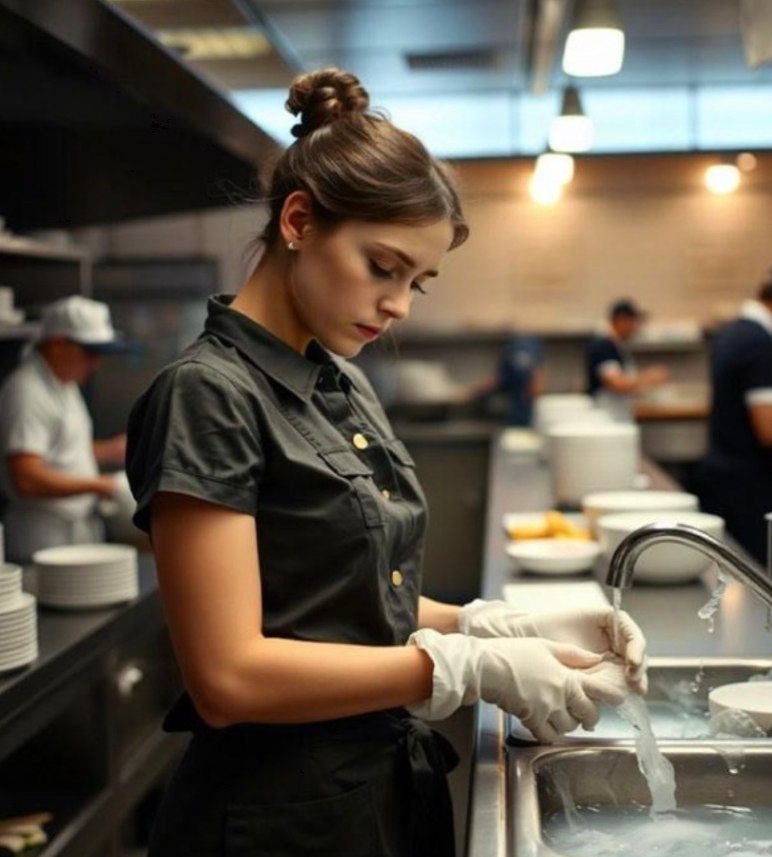 Fata fredona încet lângă chiuveta plină de vase murdare, pierdută în propriile gânduri și melodie. 