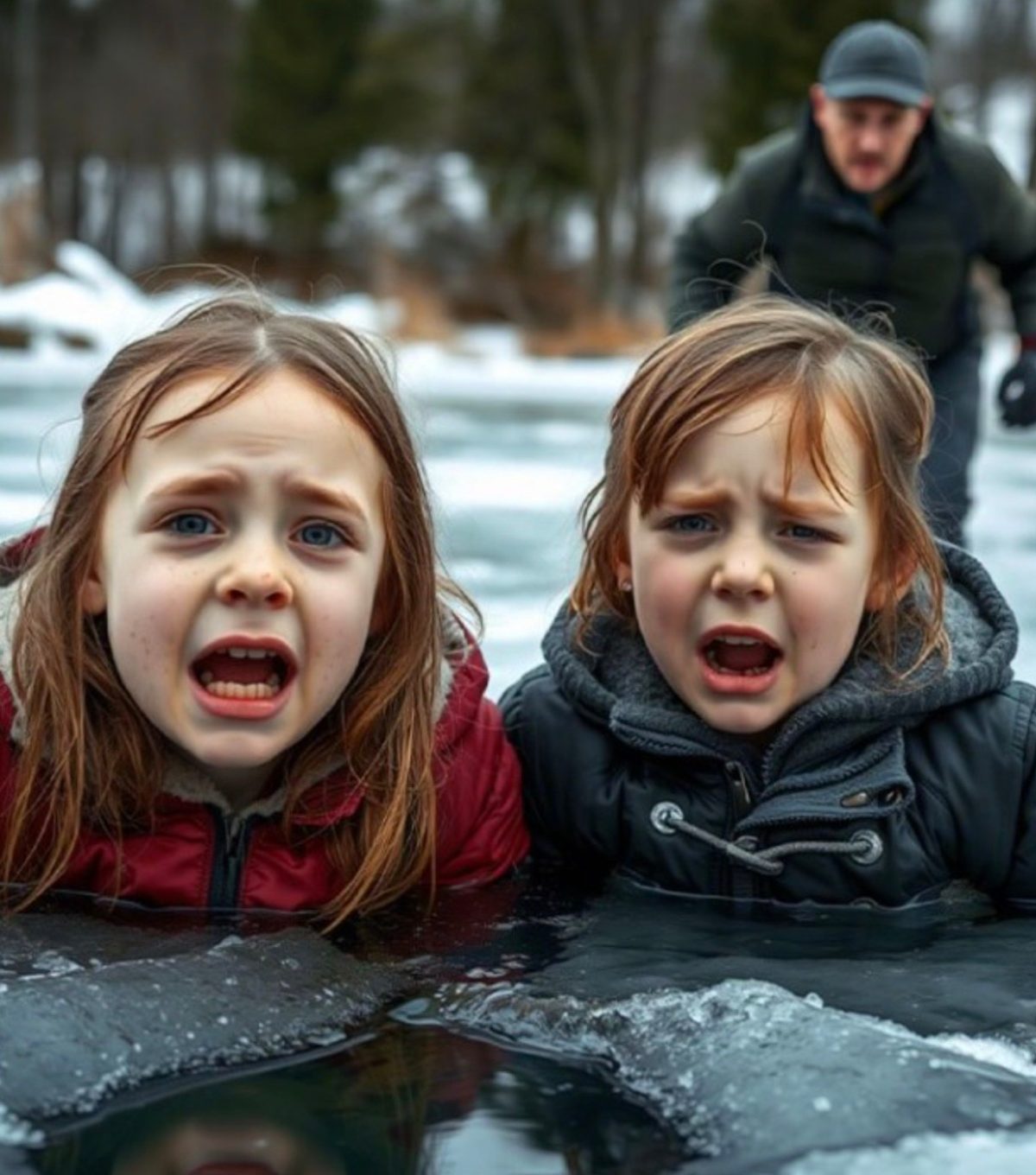 Un tată izolat salvează două fete gemene care au căzut prin gheață pe un lac.