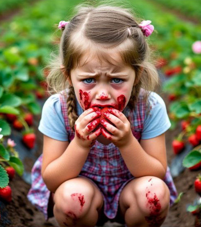 Dimineața, a prins o fetiță pe stratul ei de căpșuni. Fetița mânca cu nesaț, iar sucul de căpșuni îi curgea pe obraji.