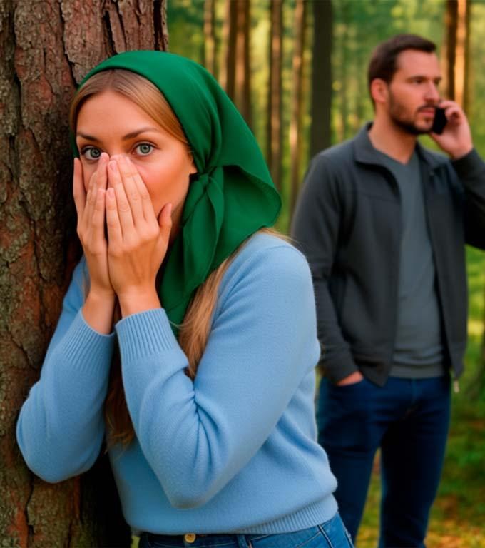 Ascunsă în spatele unui copac din pădure, ea se pregătea să-i facă o surpriză soțului ei